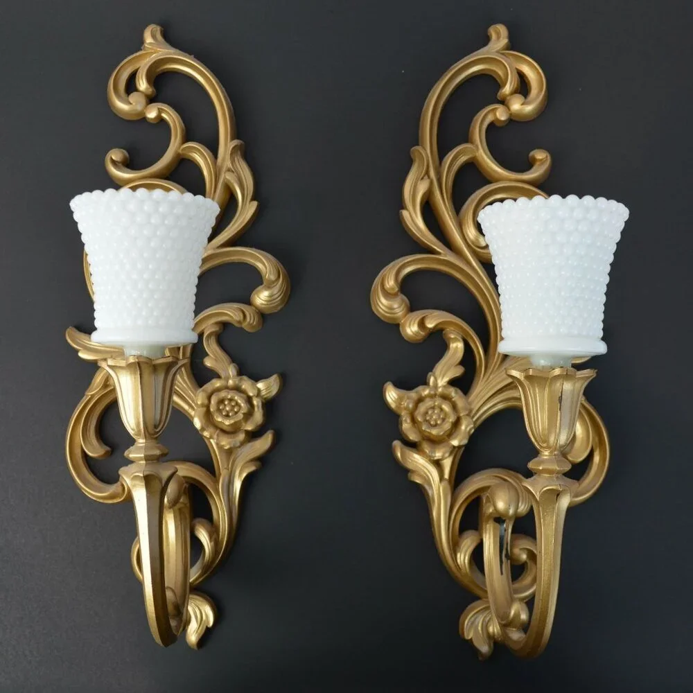 Syroco Vintage Hollywood Regency Gold Painted Candle Sconces with Milkglass Voti